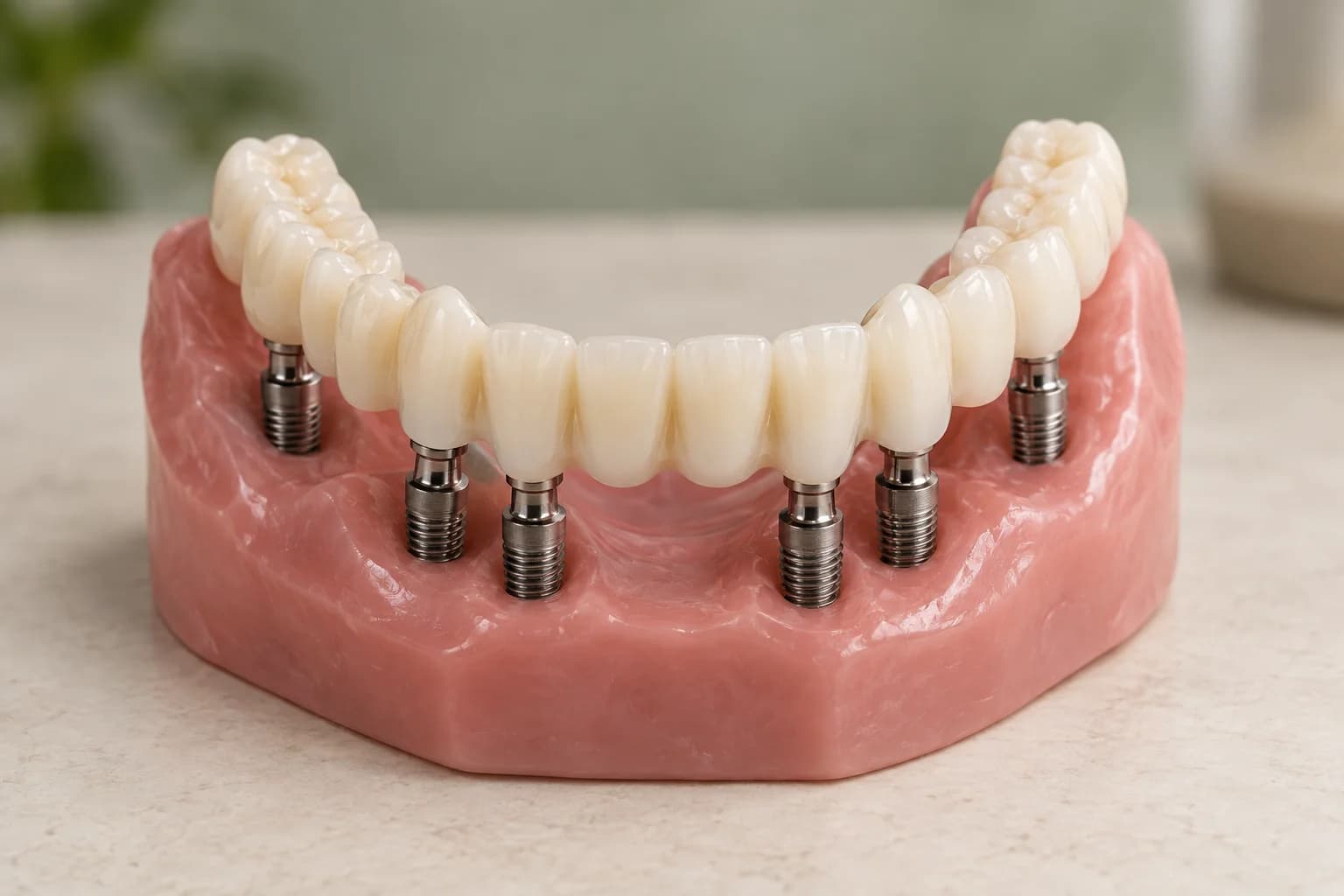 Simplified model showing six implant supports beneath a full-arch bridge