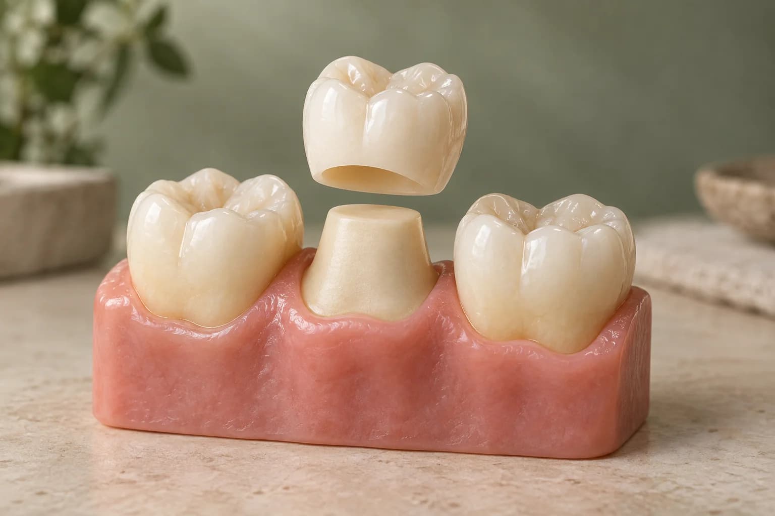 Ceramic crown above a prepared natural tooth in an educational model