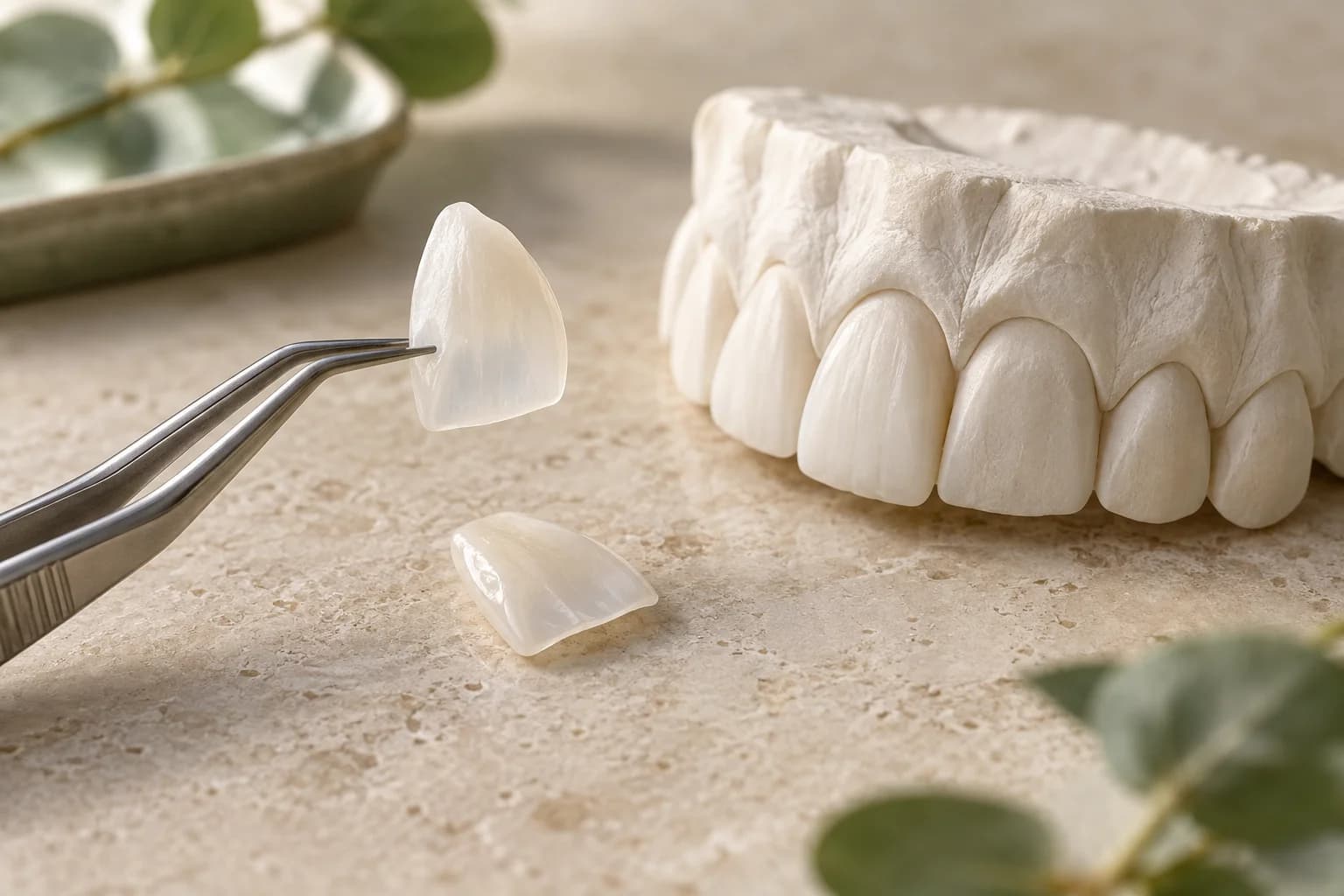 Thin porcelain veneer shells beside a dental laboratory cast