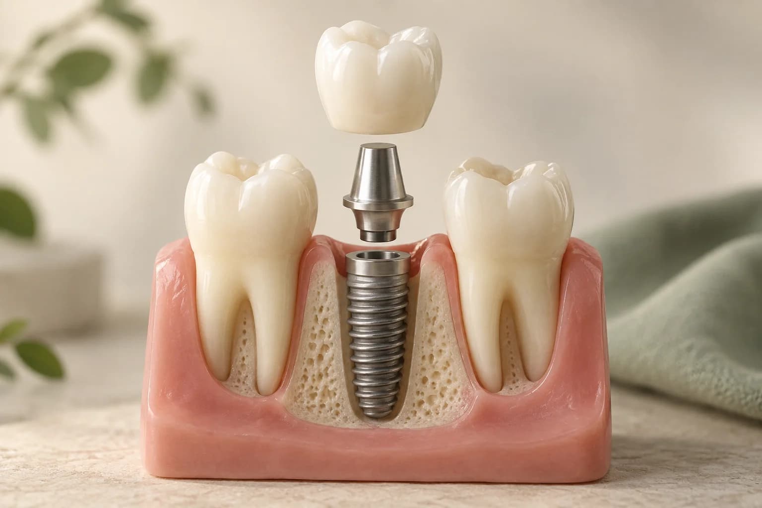 Educational model showing a single implant, abutment and crown