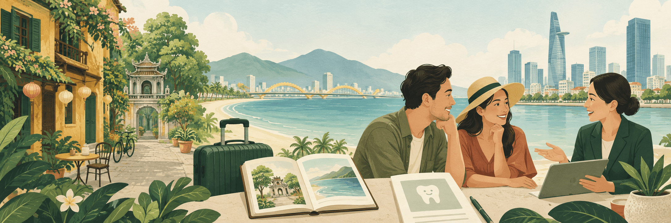 Concept illustration of travelers planning a Vietnam journey with an advisor